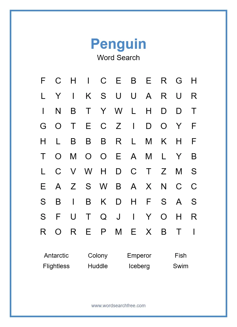 Penguin Word Search - Free printable puzzle with 8 words