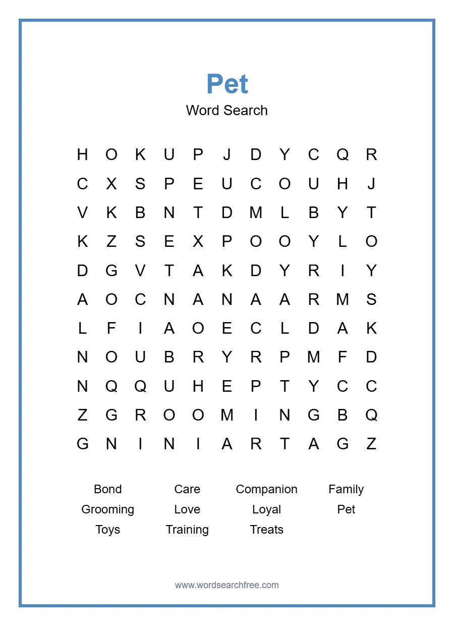 Pet Word Search - Free printable puzzle with 11 words