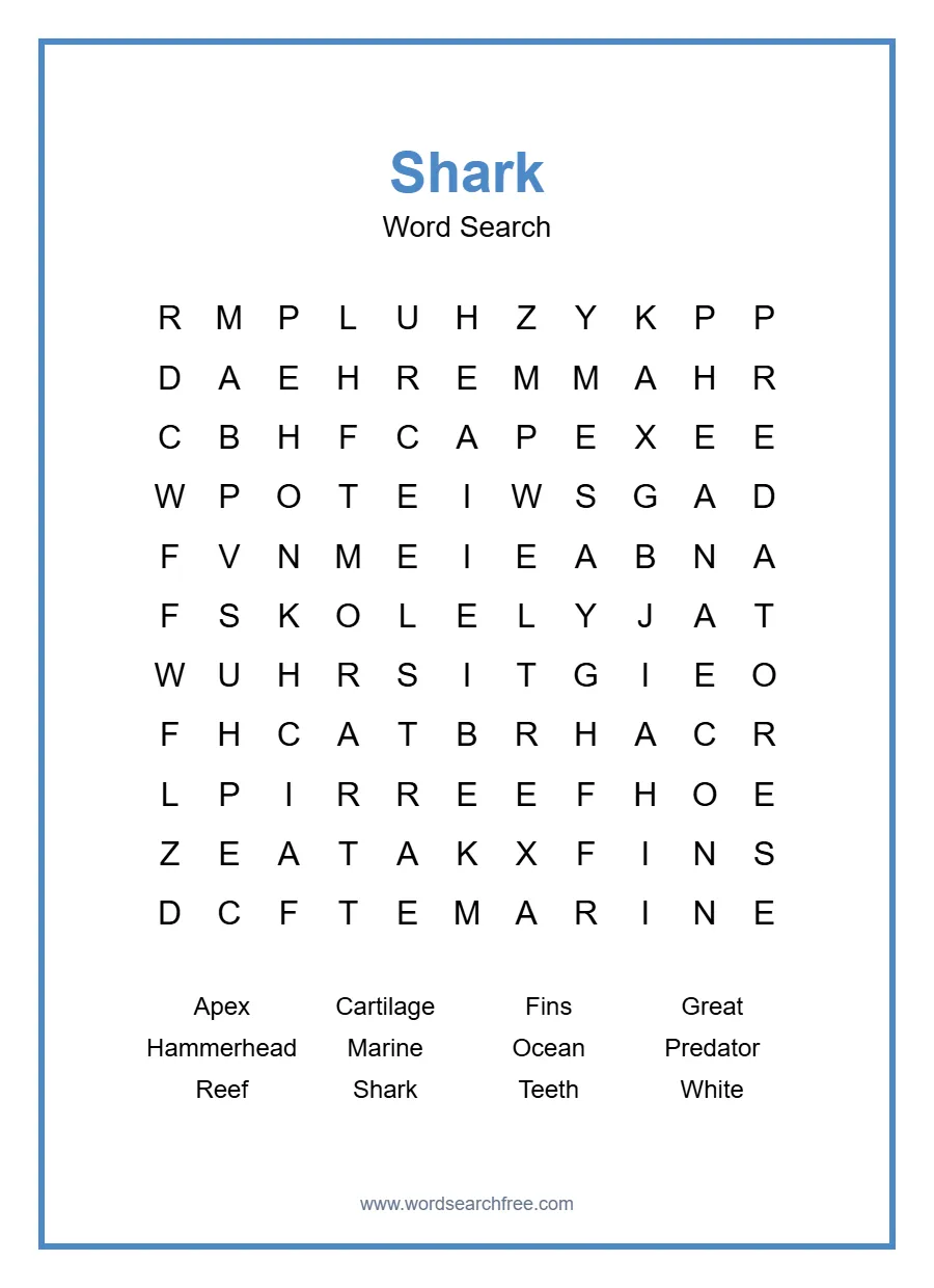 Shark Word Search - Free printable puzzle with 12 words