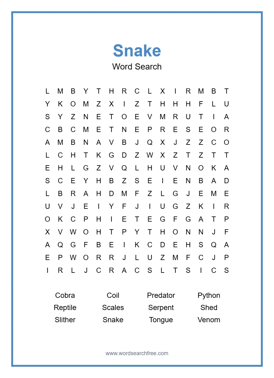 Snake Word Search - Free printable puzzle with 12 words