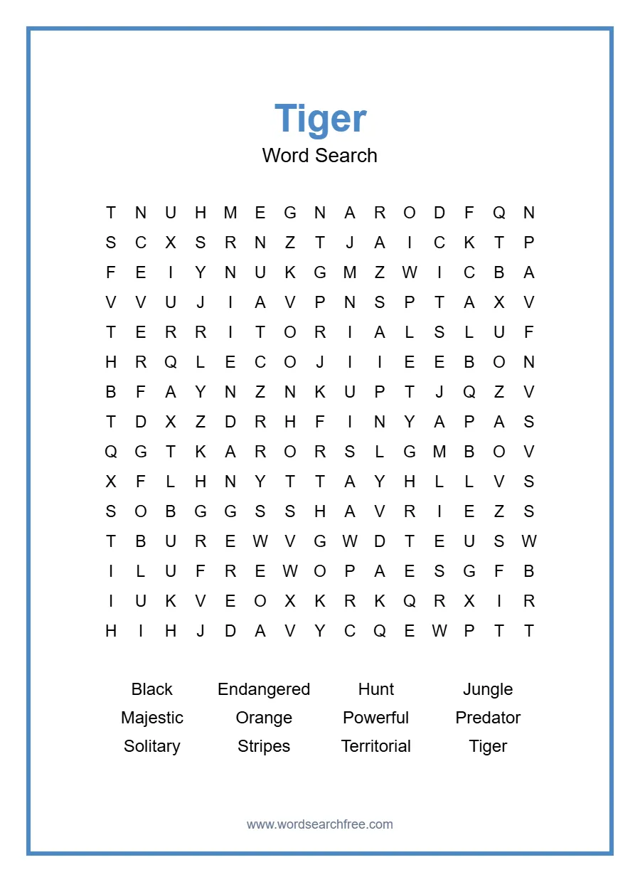 Tiger Word Search - Free printable puzzle with 12 words