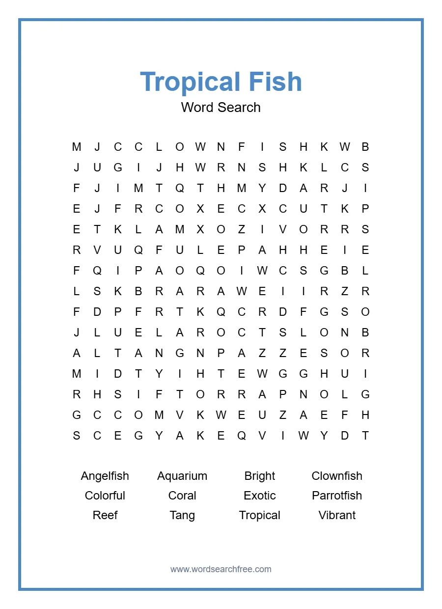 Tropical Fish Word Search - Free printable puzzle with 12 words