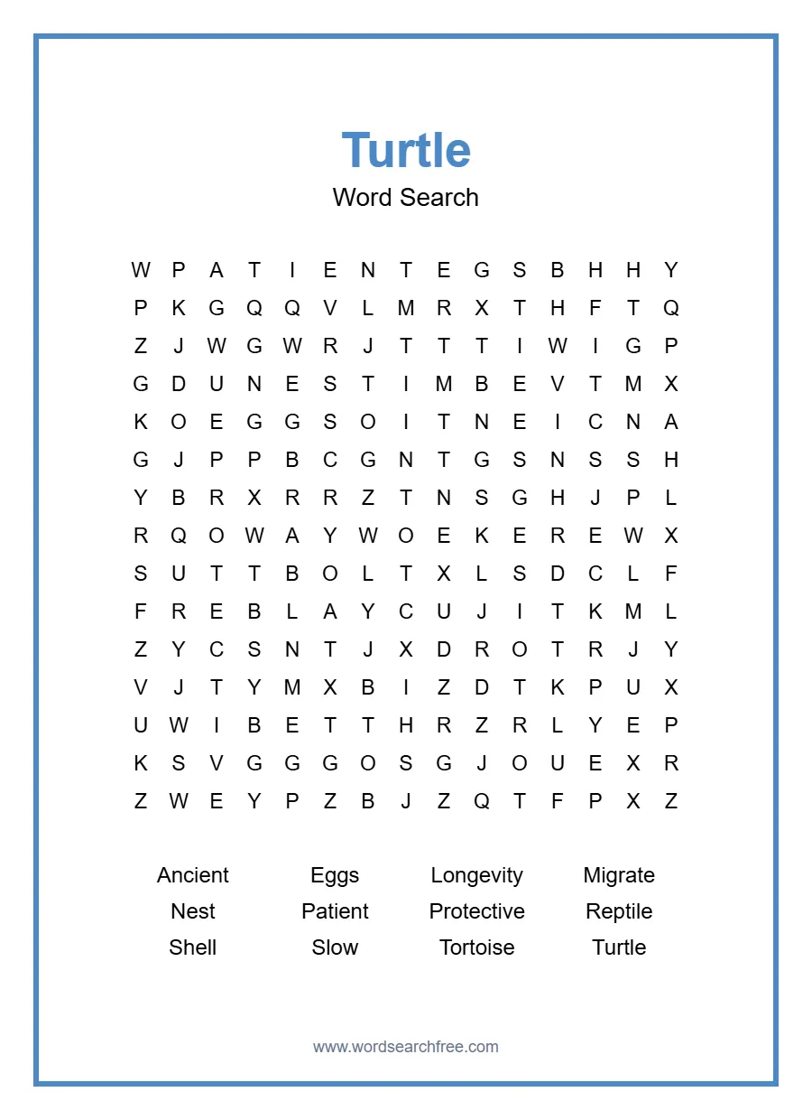 Turtle Word Search - Free printable puzzle with 12 words