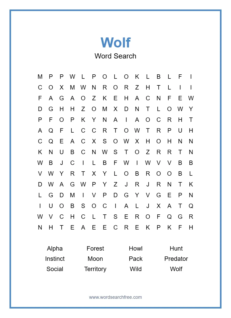 Wolf Word Search - Free printable puzzle with 12 words