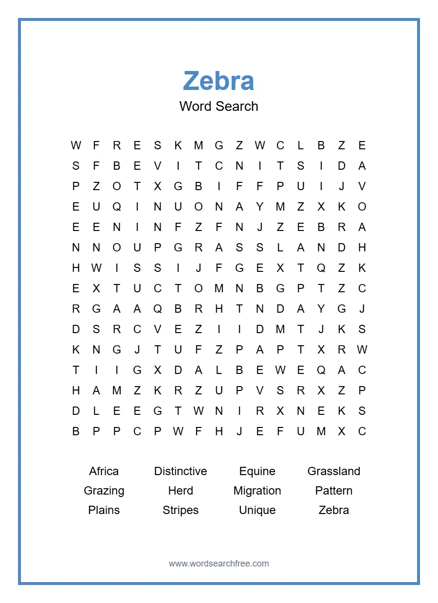 Zebra Word Search - Free printable puzzle with 12 words