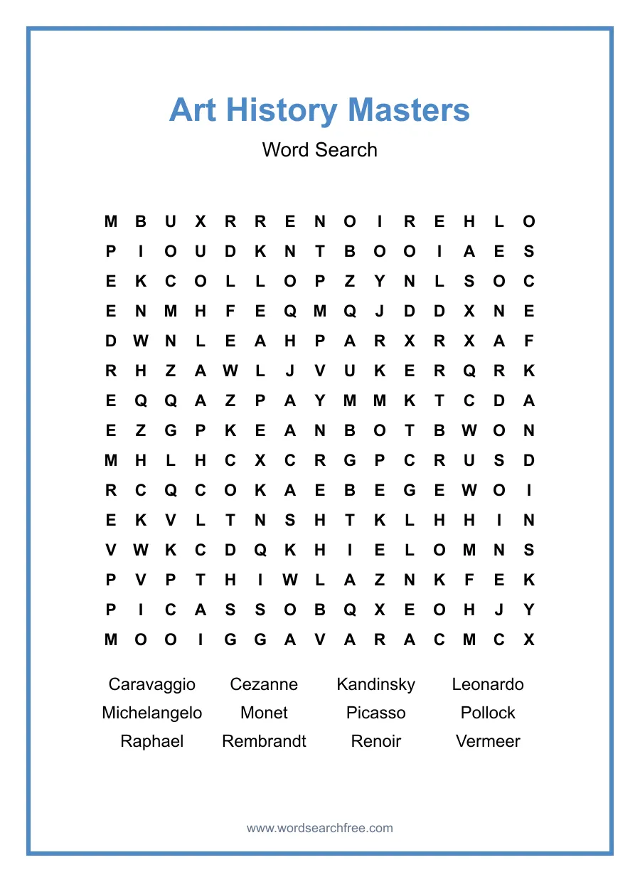Art History Masters Word Search - Free printable puzzle with 12 words