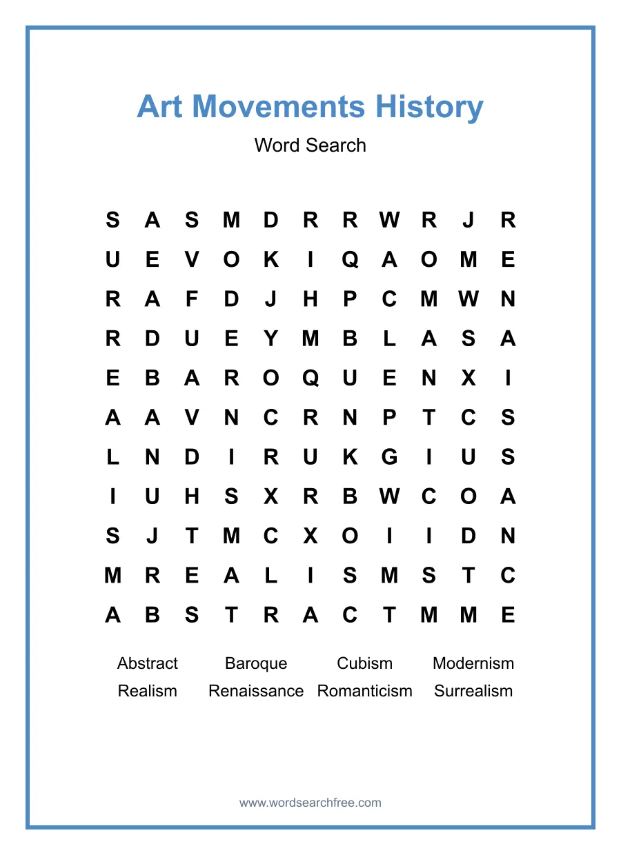 Art Movements History Word Search - Free printable puzzle with 8 words