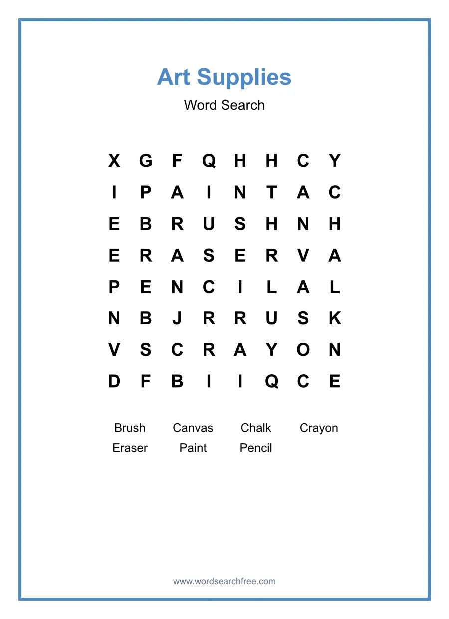 Art Supplies Word Search - Free printable puzzle with 7 words