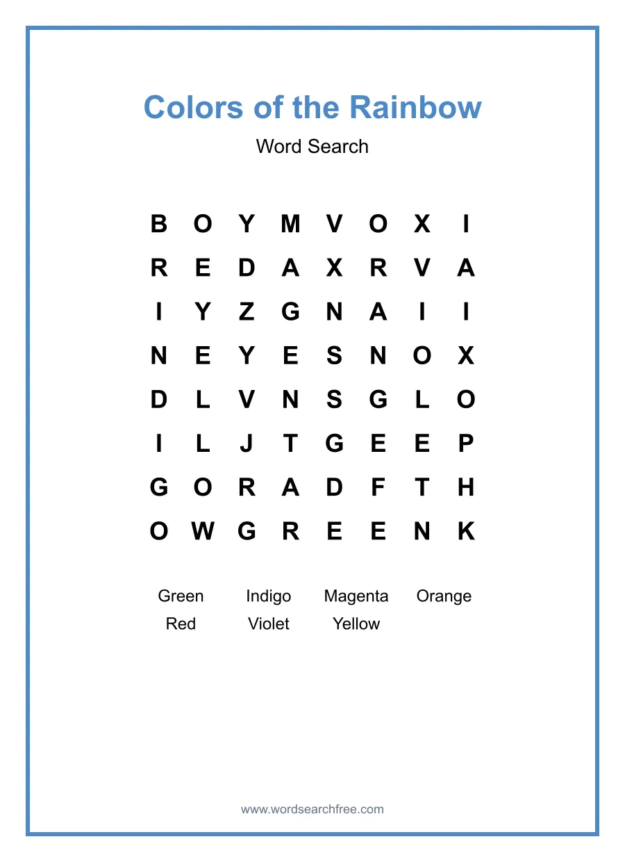Colors of the Rainbow Word Search - Free printable puzzle with 7 words