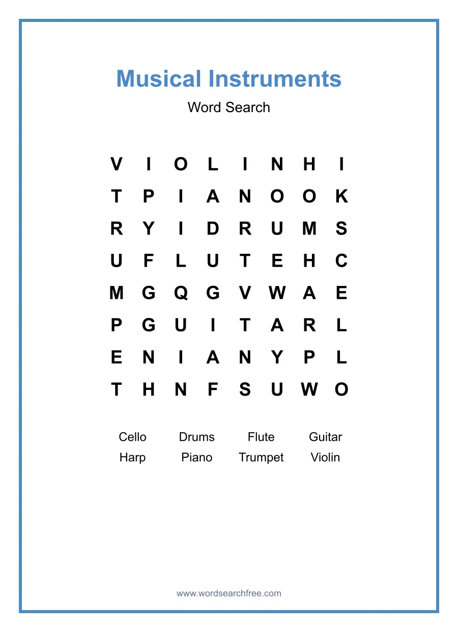Musical Instruments Word Search - Free printable puzzle with 8 words