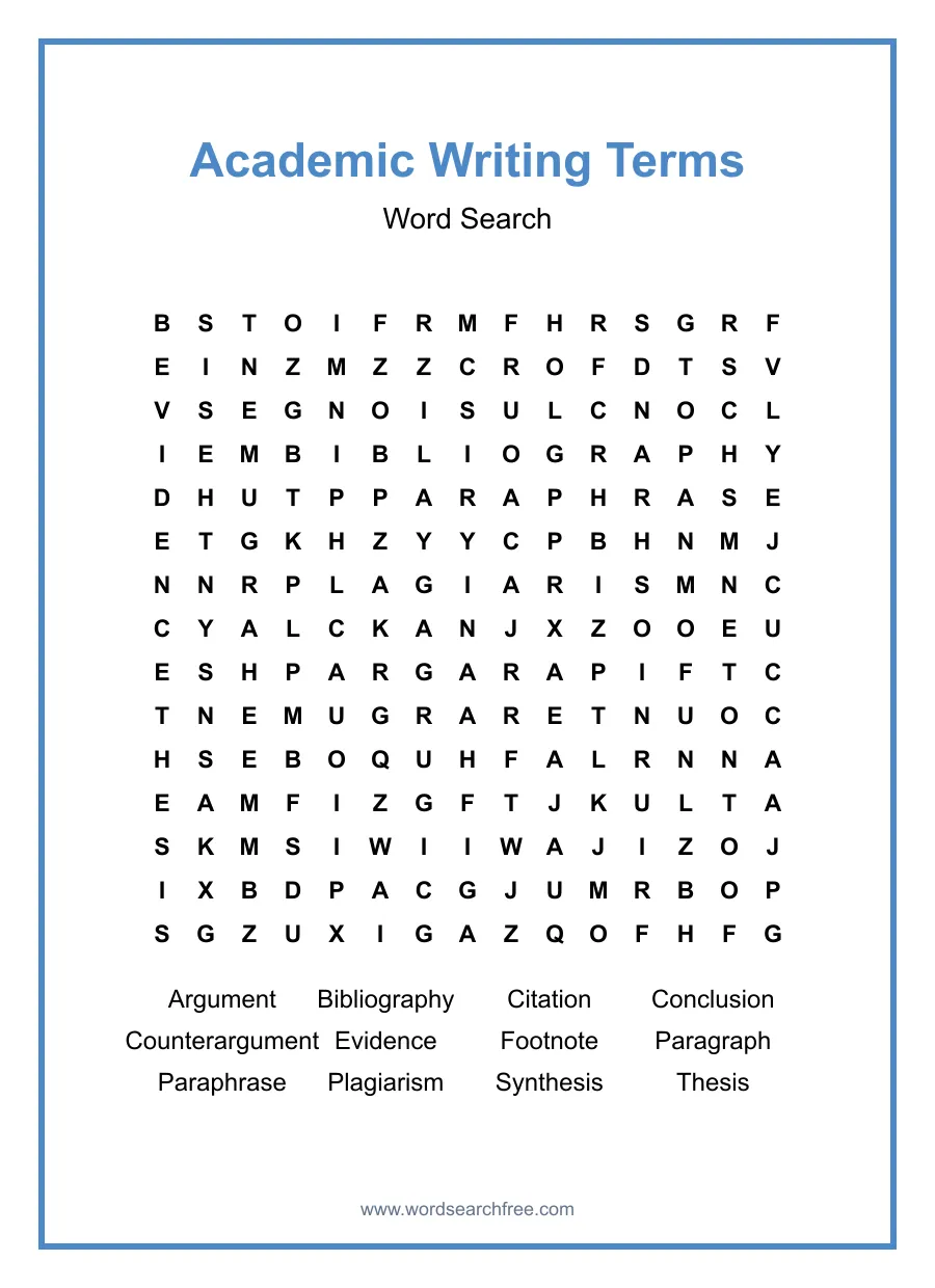 Academic Writing Terms Word Search - Free printable puzzle with 12 words