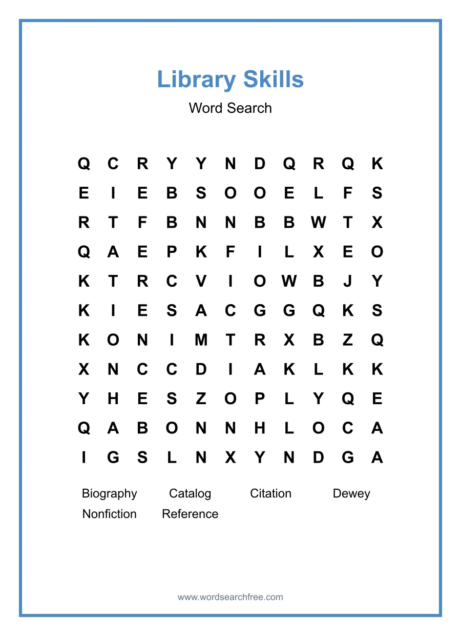 Library Skills Word Search - Free printable puzzle with 6 words