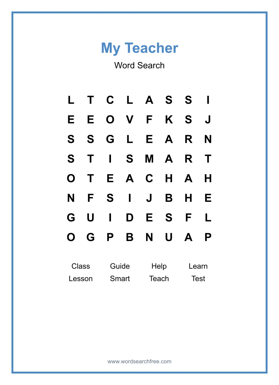 My Teacher Word Search - Free printable puzzle with 8 words