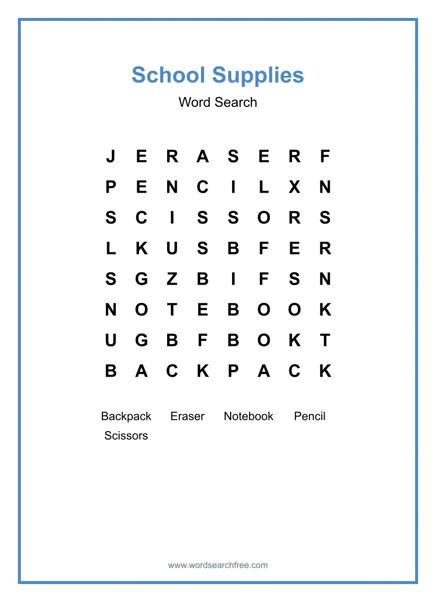 School Supplies Word Search - Free printable puzzle with 5 words