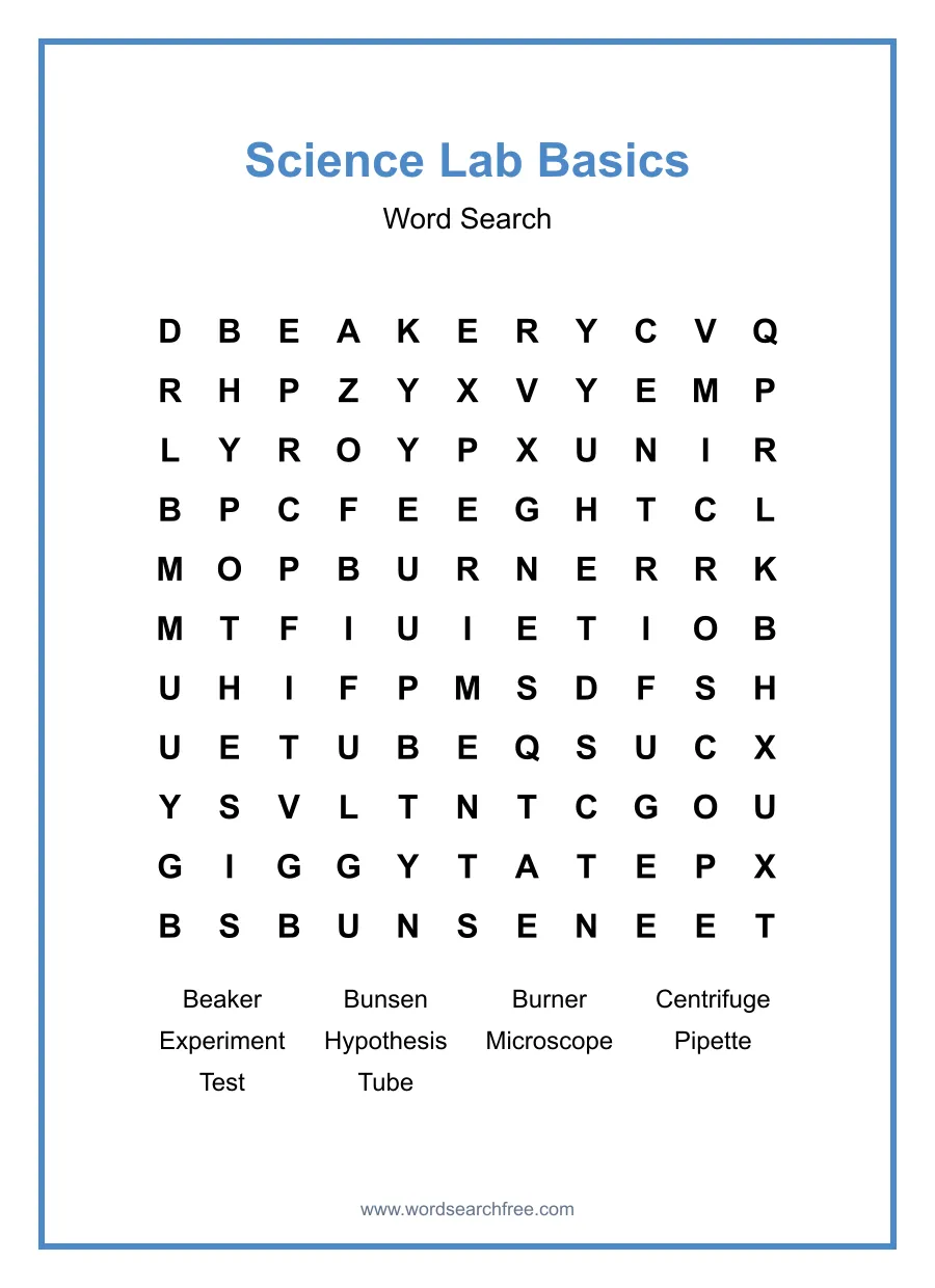 Science Lab Basics Word Search - Free printable puzzle with 10 words