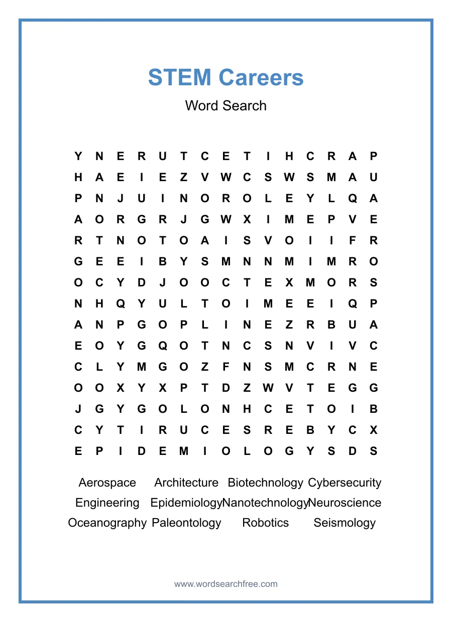 STEM Careers Word Search - Free printable puzzle with 12 words