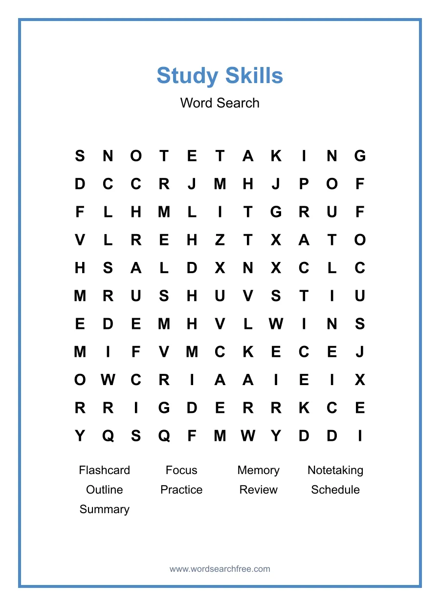 Study Skills Word Search - Free printable puzzle with 9 words