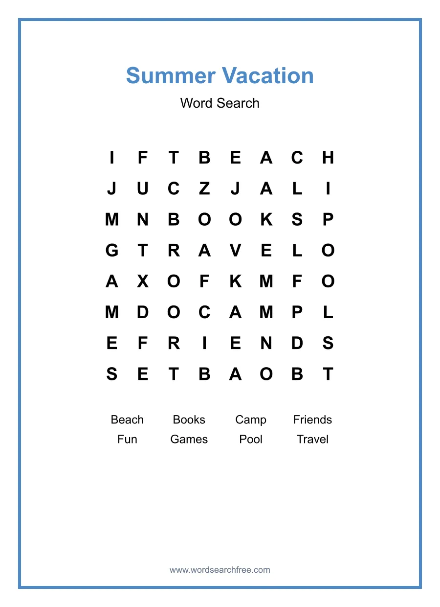 Summer Vacation Word Search - Free printable puzzle with 8 words