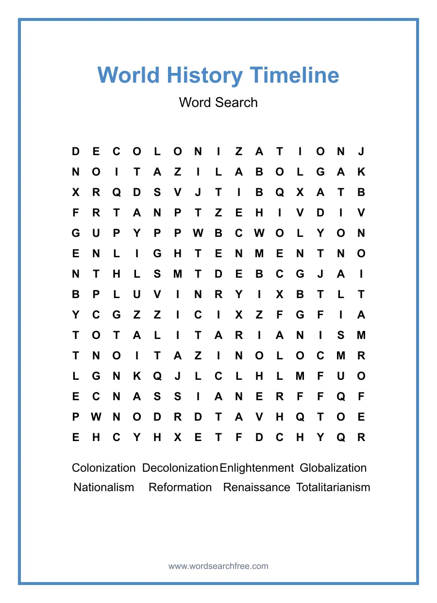 World History Timeline Word Search - Free printable puzzle with 8 words
