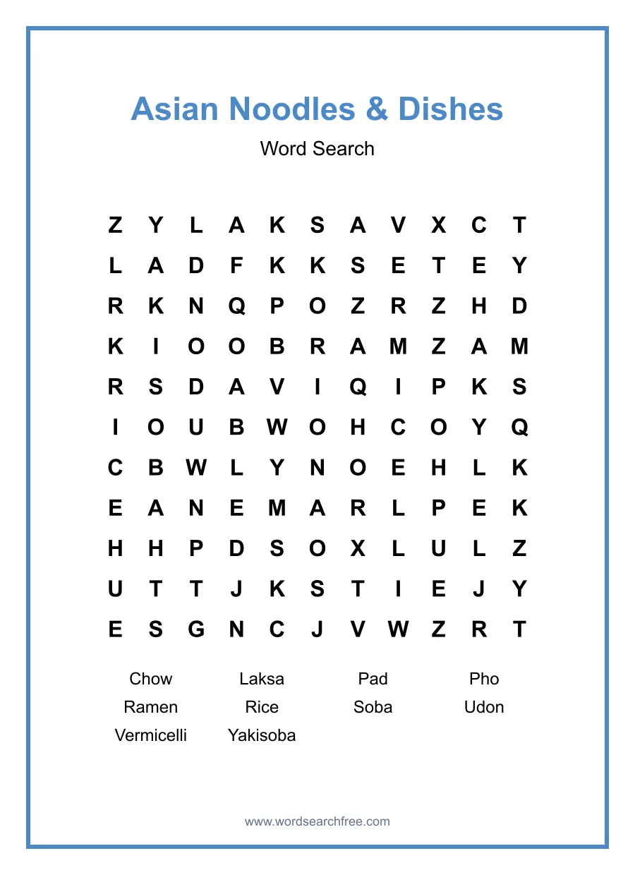 Asian Noodles & Dishes Word Search - Free printable puzzle with 10 words