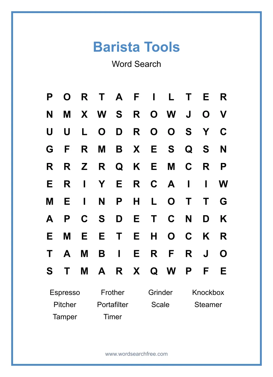 Barista Tools Word Search - Free printable puzzle with 10 words