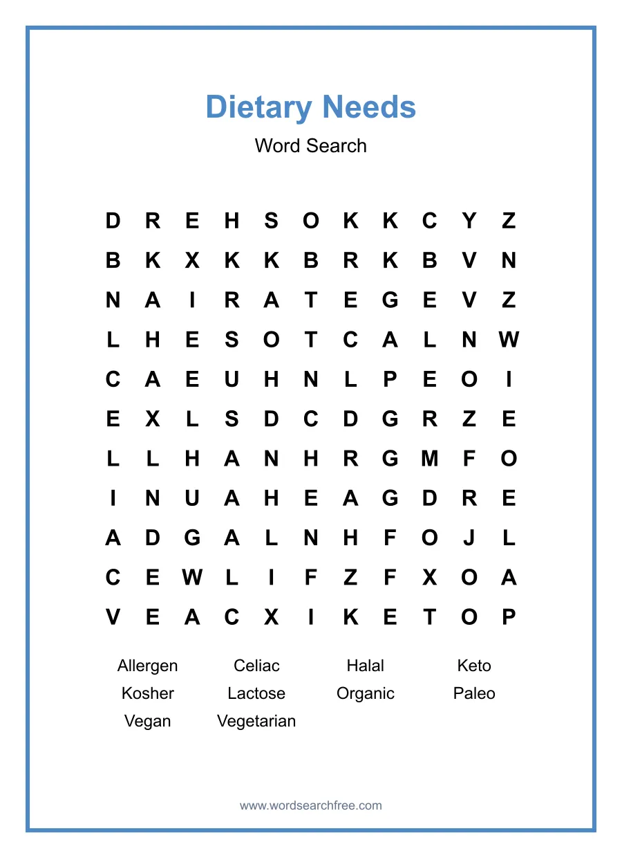 Dietary Needs Word Search - Free printable puzzle with 10 words
