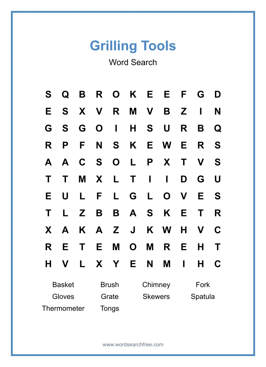 Grilling Tools Word Search - Free printable puzzle with 10 words