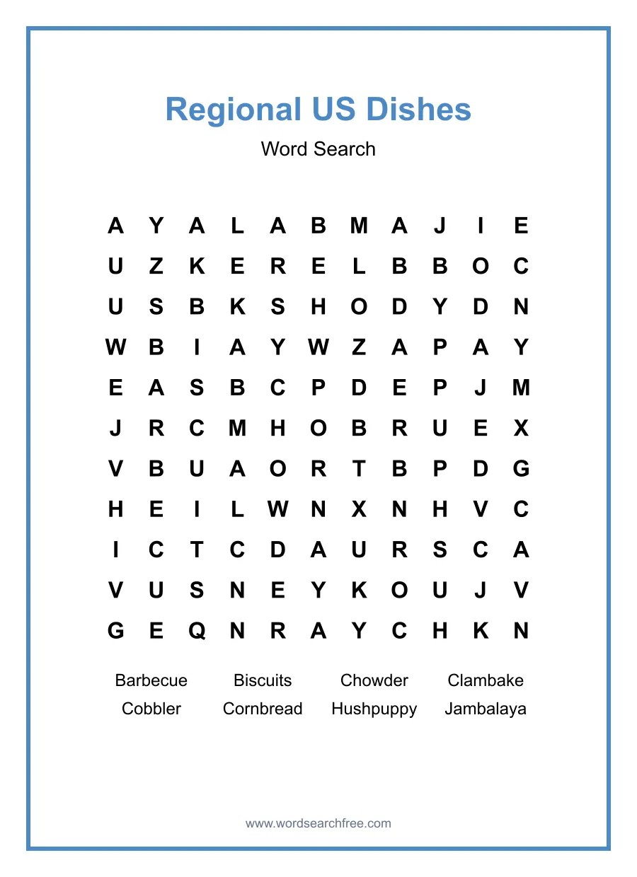 Regional US Dishes Word Search - Free printable puzzle with 8 words