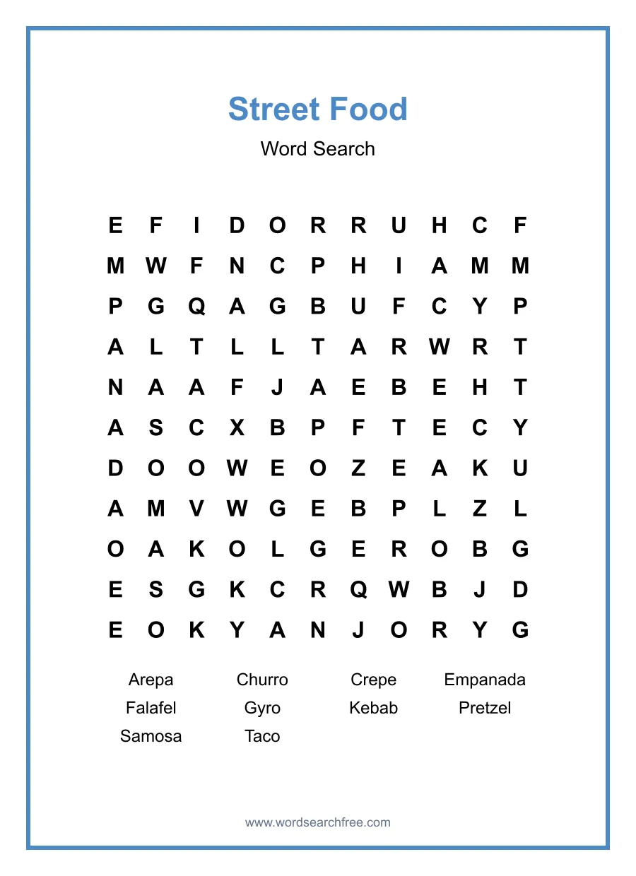 Street Food Word Search - Free printable puzzle with 10 words