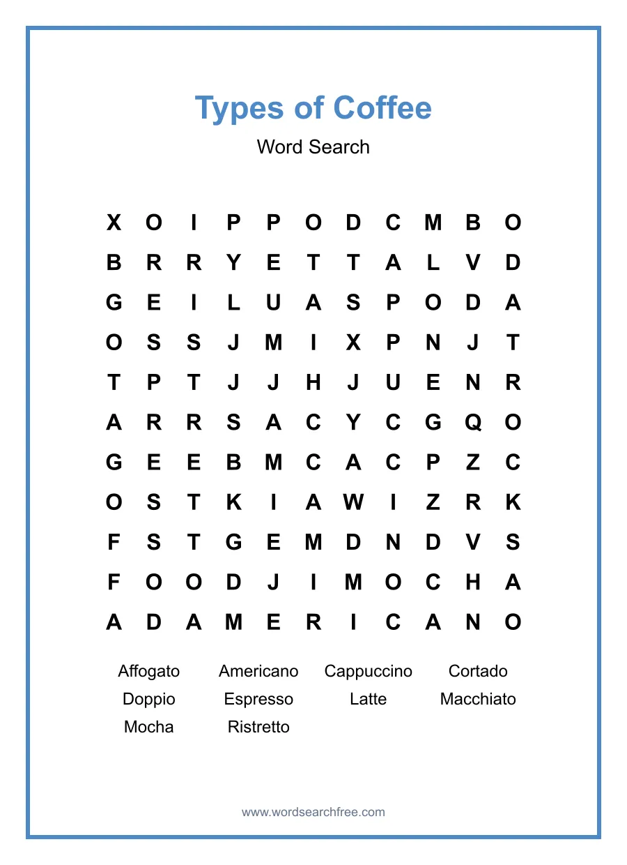 Types of Coffee Word Search - Free printable puzzle with 10 words
