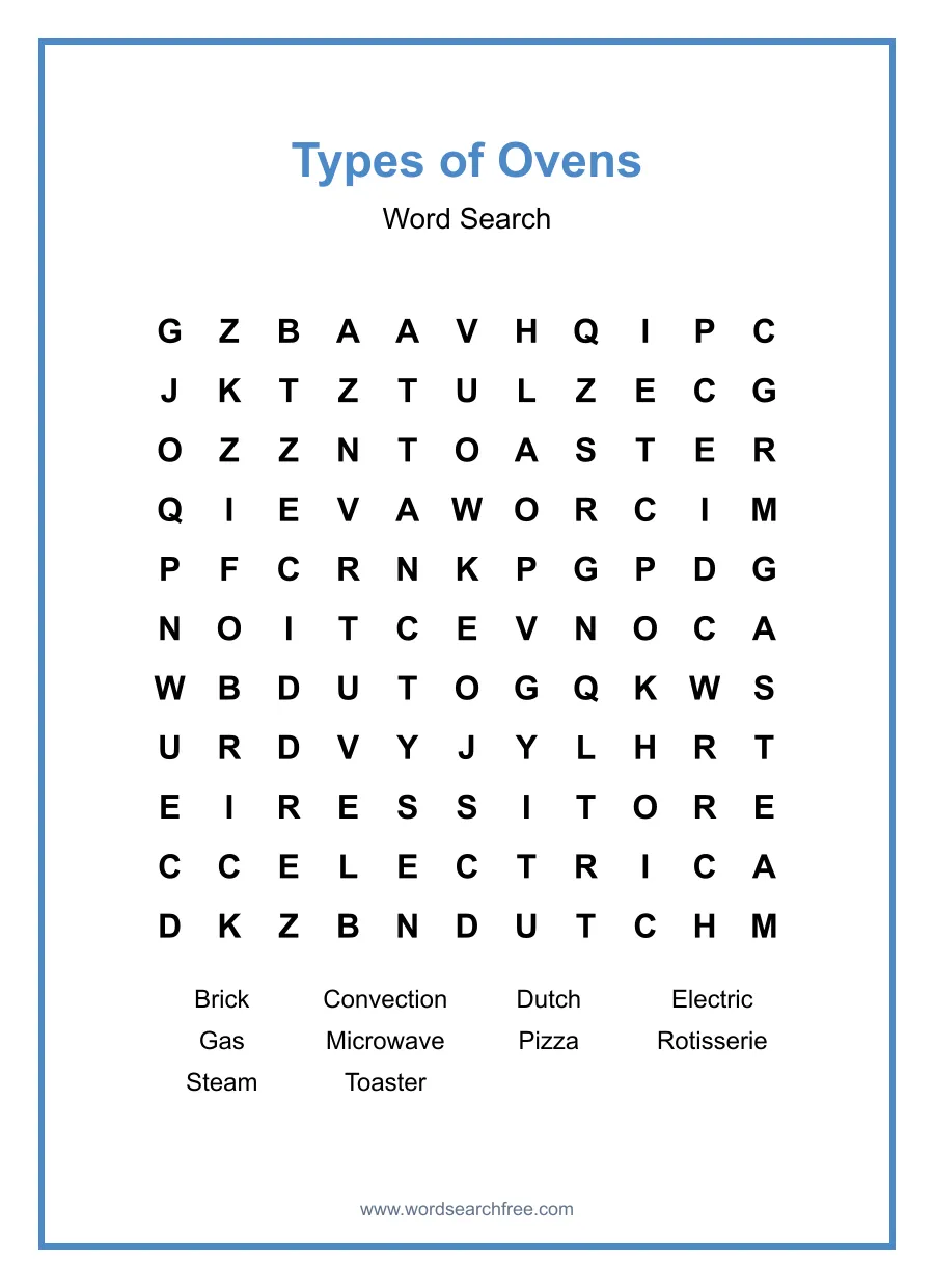 Types of Ovens Word Search - Free printable puzzle with 10 words