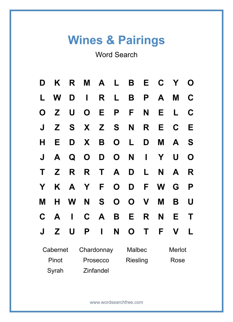 Wines & Pairings Word Search - Free printable puzzle with 10 words