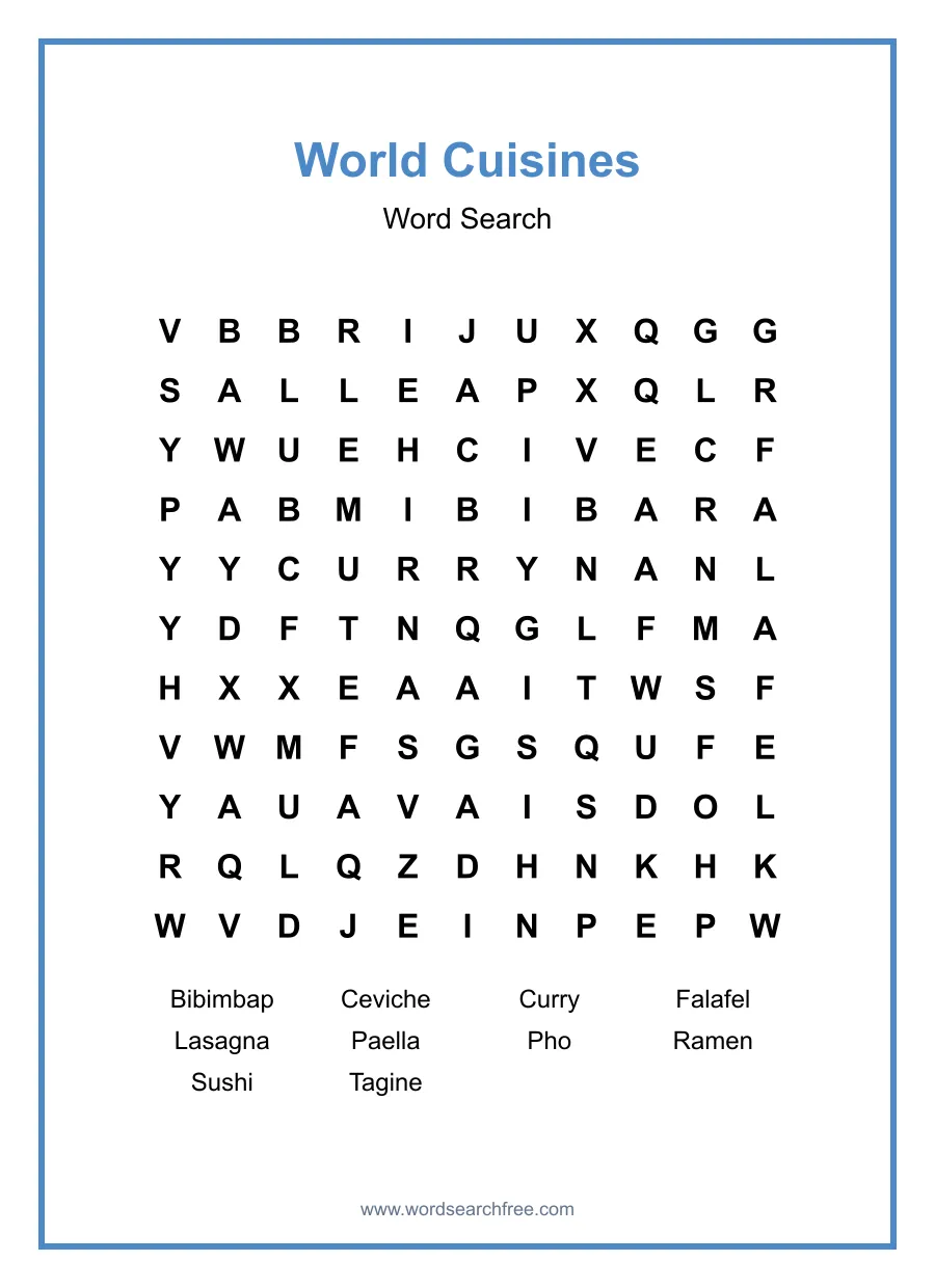 World Cuisines Word Search - Free printable puzzle with 10 words