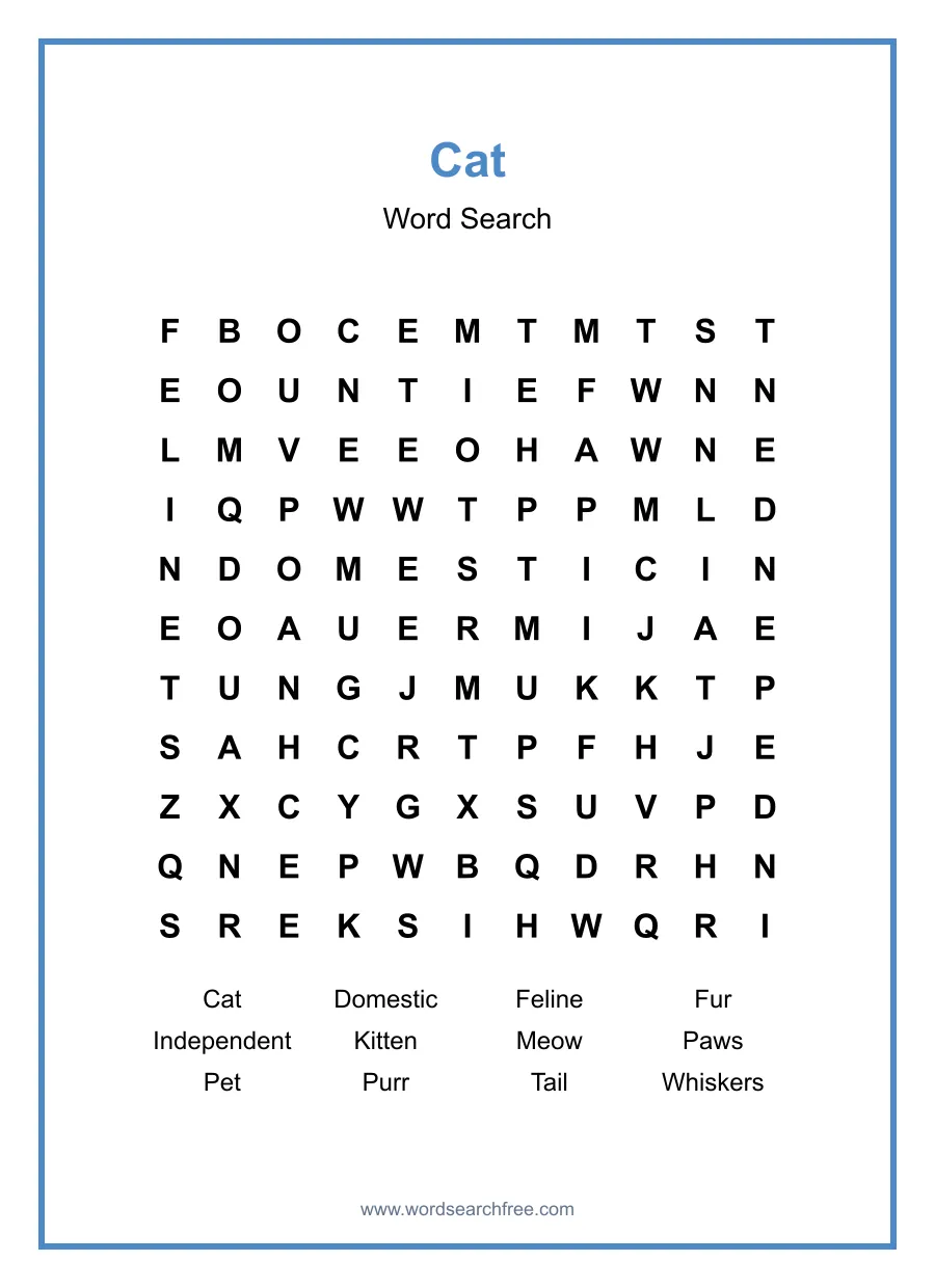 Cat Word Search - Free printable puzzle with 12 words