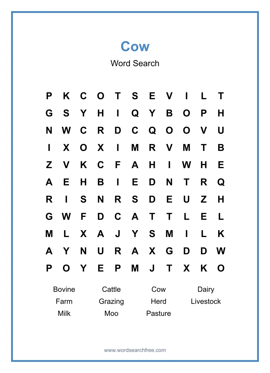 Cow Word Search - Free printable puzzle with 11 words