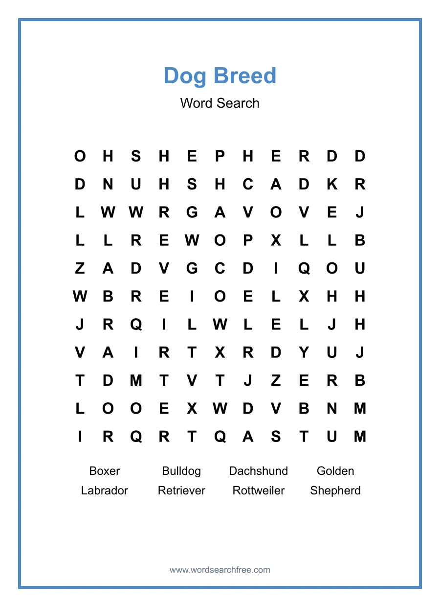 Dog Breed Word Search - Free printable puzzle with 8 words