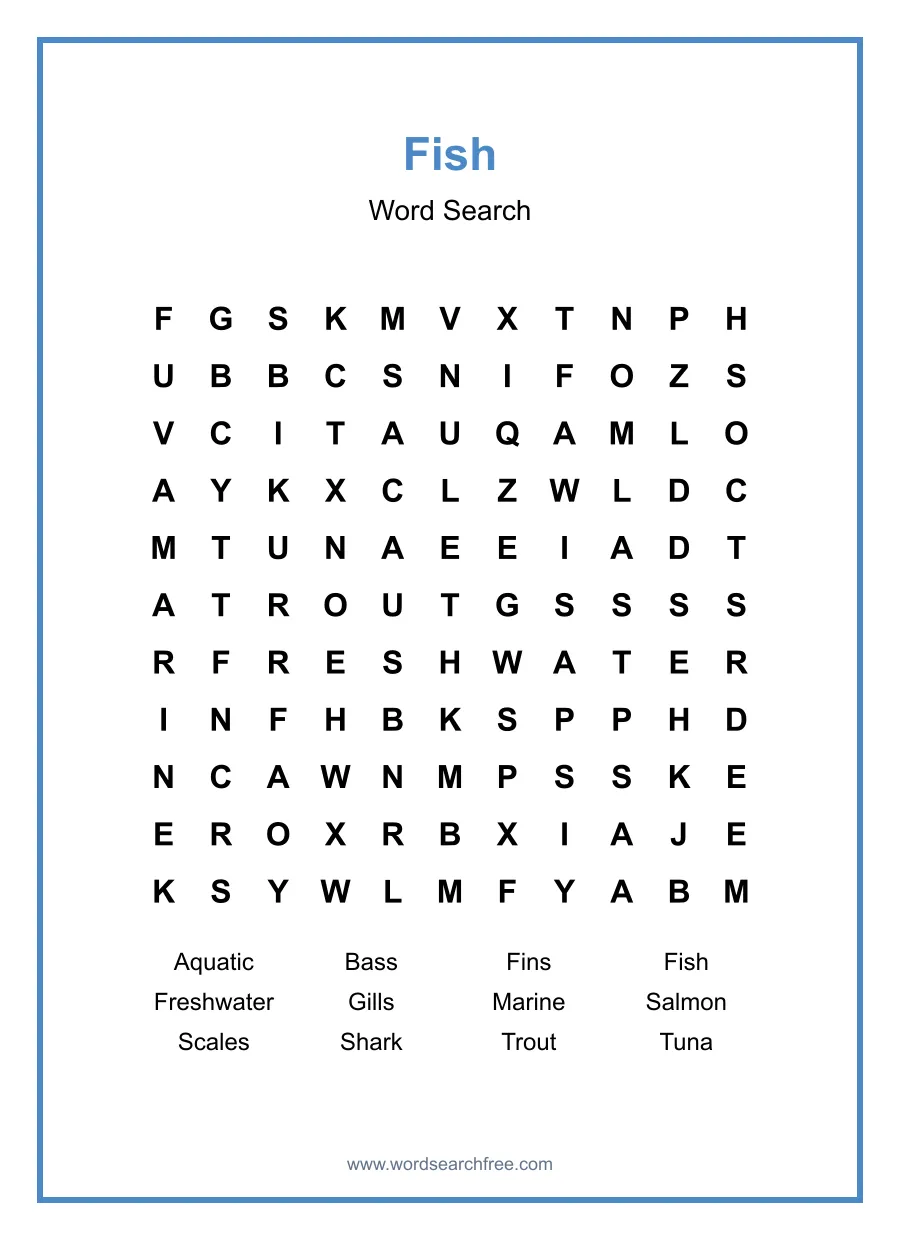 Fish Word Search - Free printable puzzle with 12 words