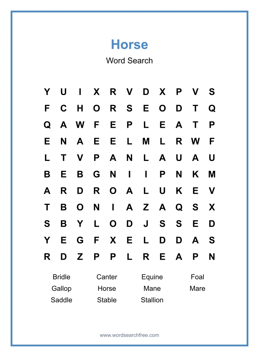 Horse Word Search - Free printable puzzle with 11 words