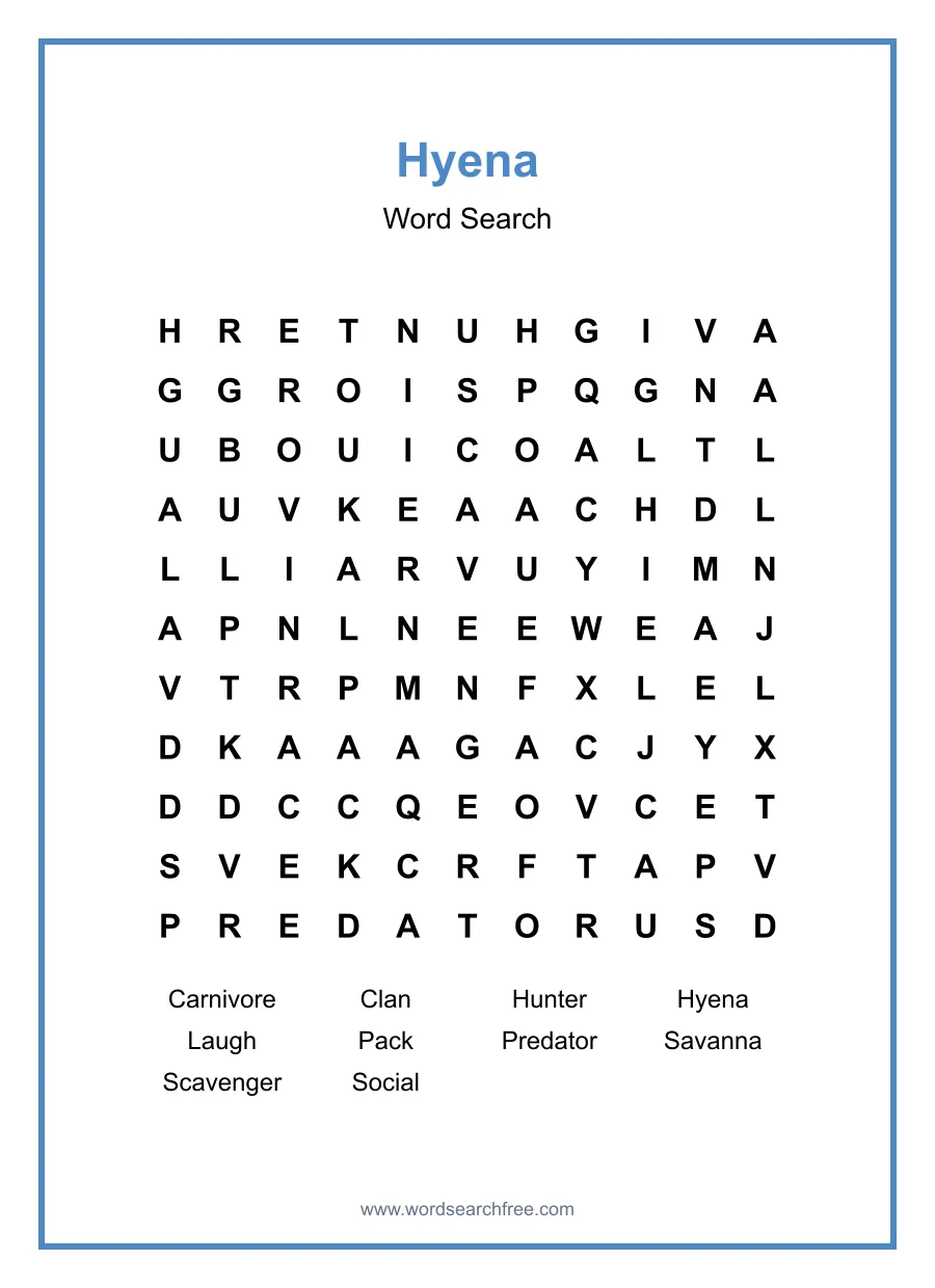 Hyena Word Search - Free printable puzzle with 10 words