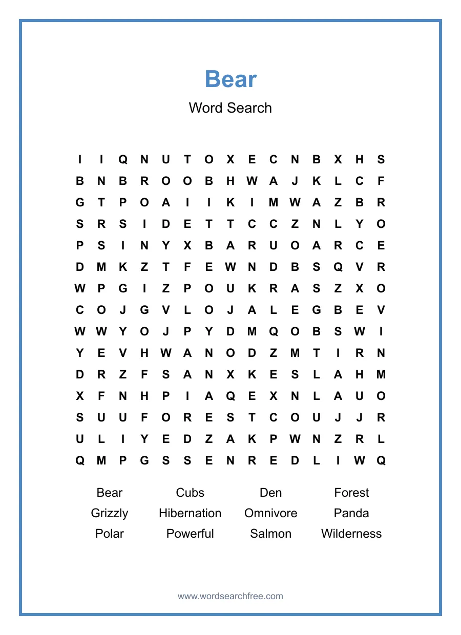 Bear Word Search - Free printable puzzle with 12 words