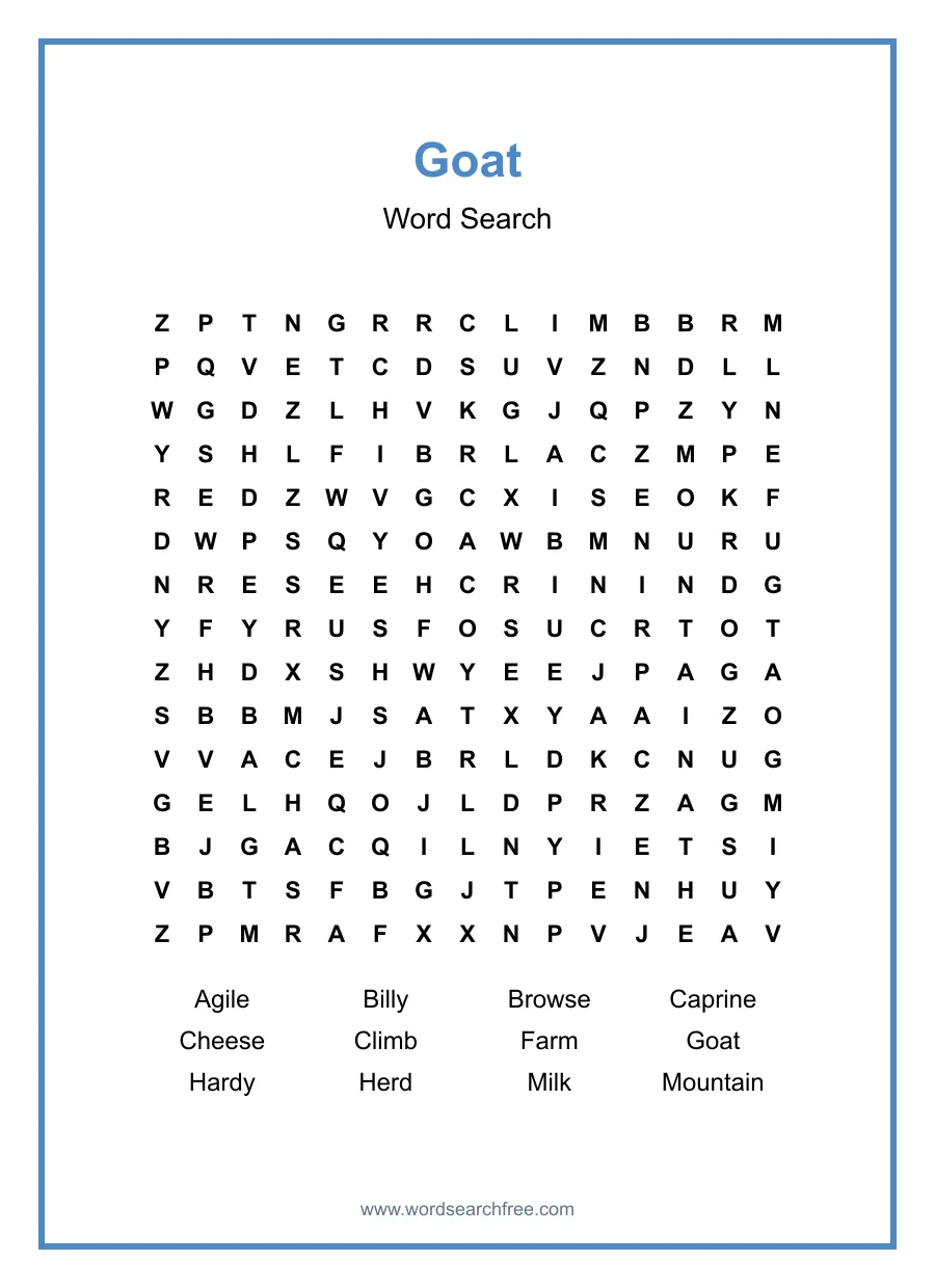 Goat Word Search - Free printable puzzle with 12 words