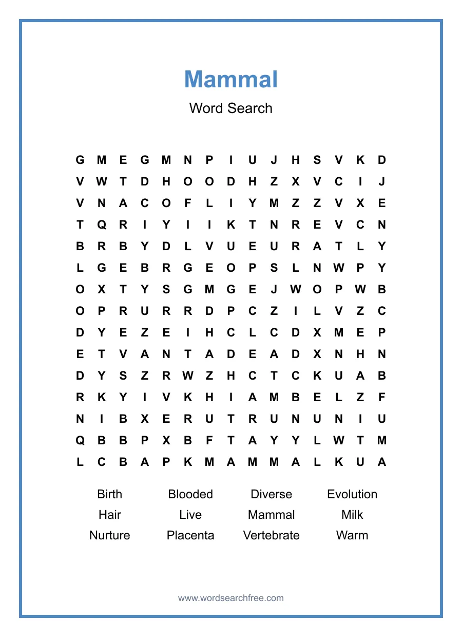 Mammal Word Search - Free printable puzzle with 12 words