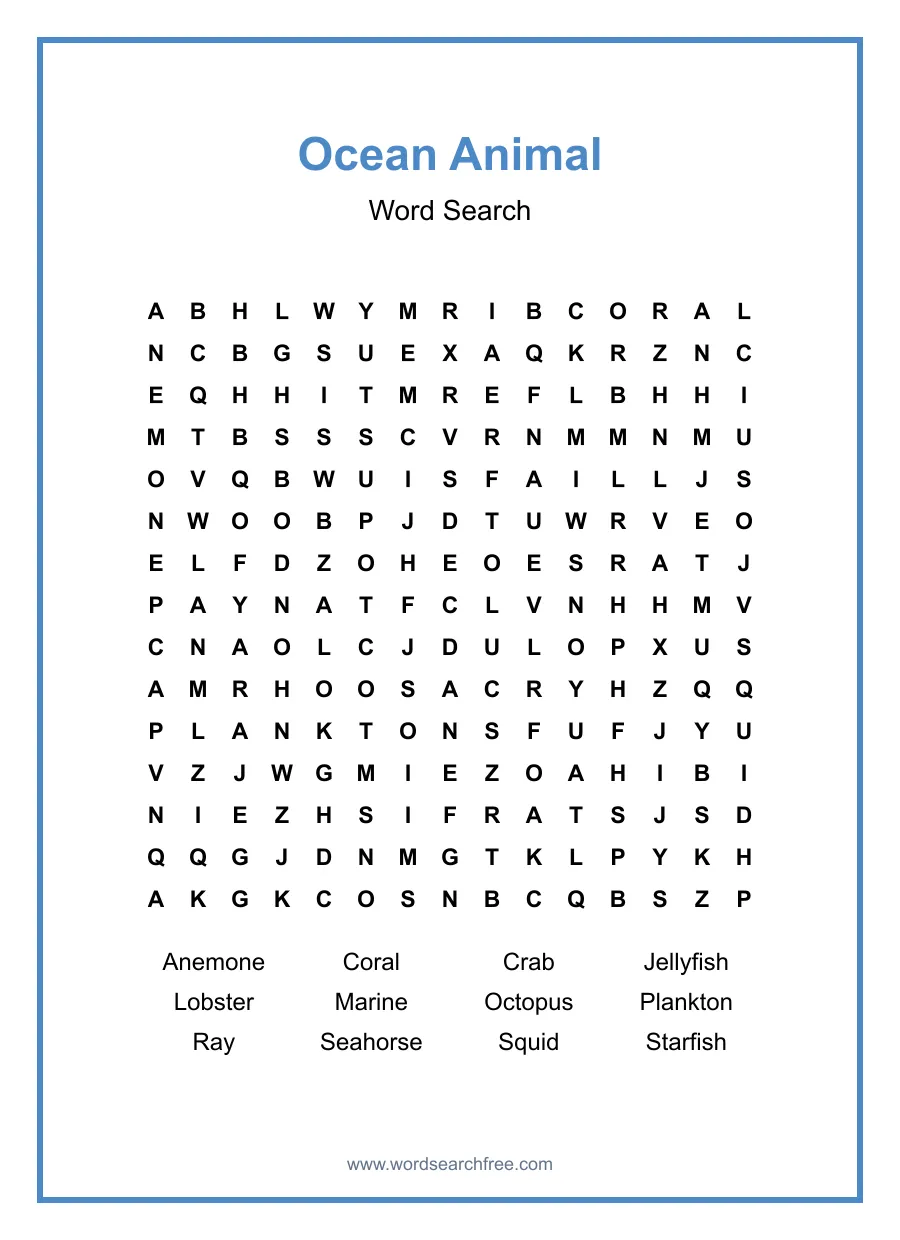 Ocean Animal Word Search - Free printable puzzle with 12 words