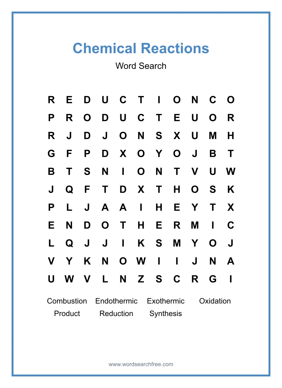 Chemical Reactions Word Search - Free printable puzzle with 7 words
