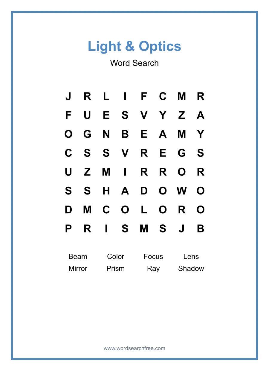 Light & Optics Word Search - Free printable puzzle with 8 words