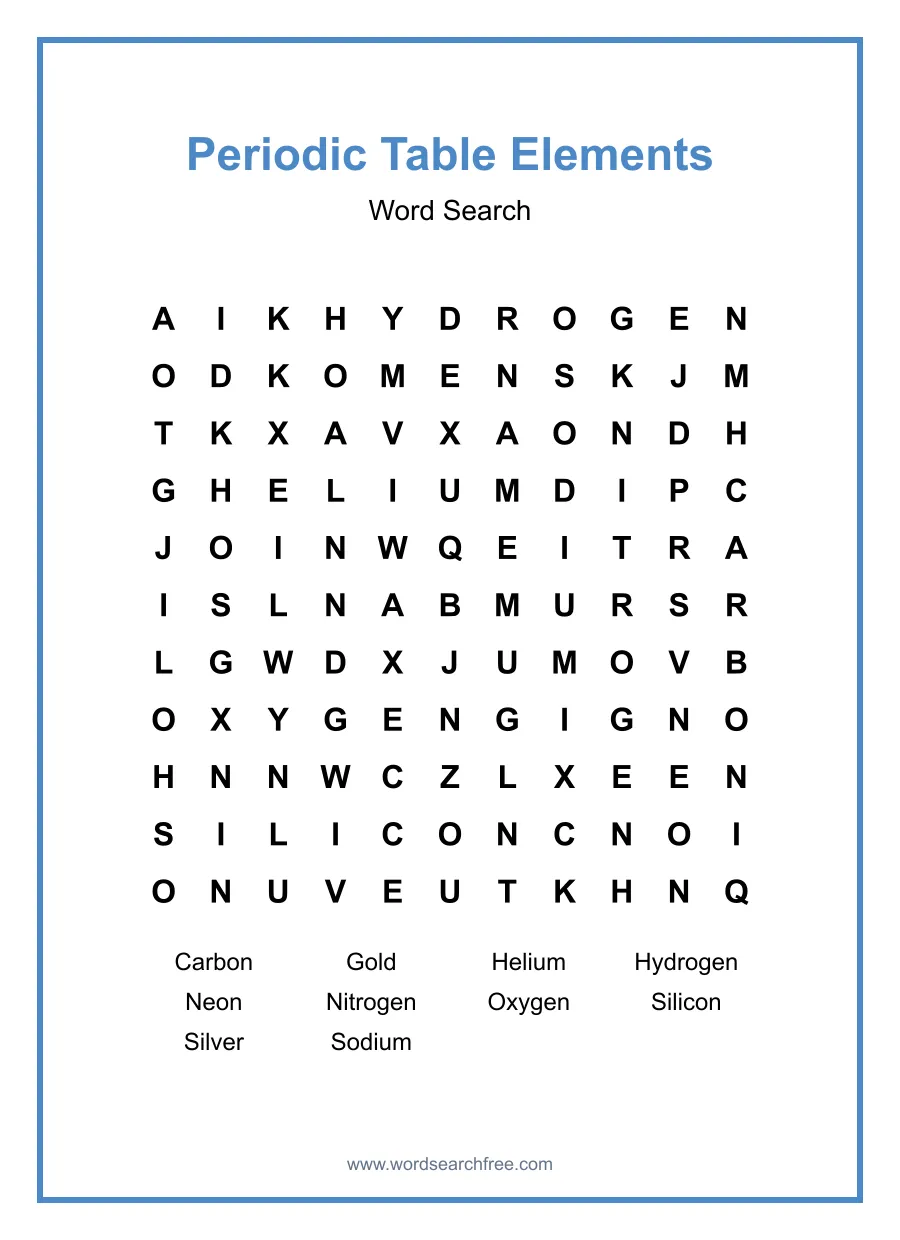 Periodic Table Elements Word Search - Free printable puzzle with 10 words