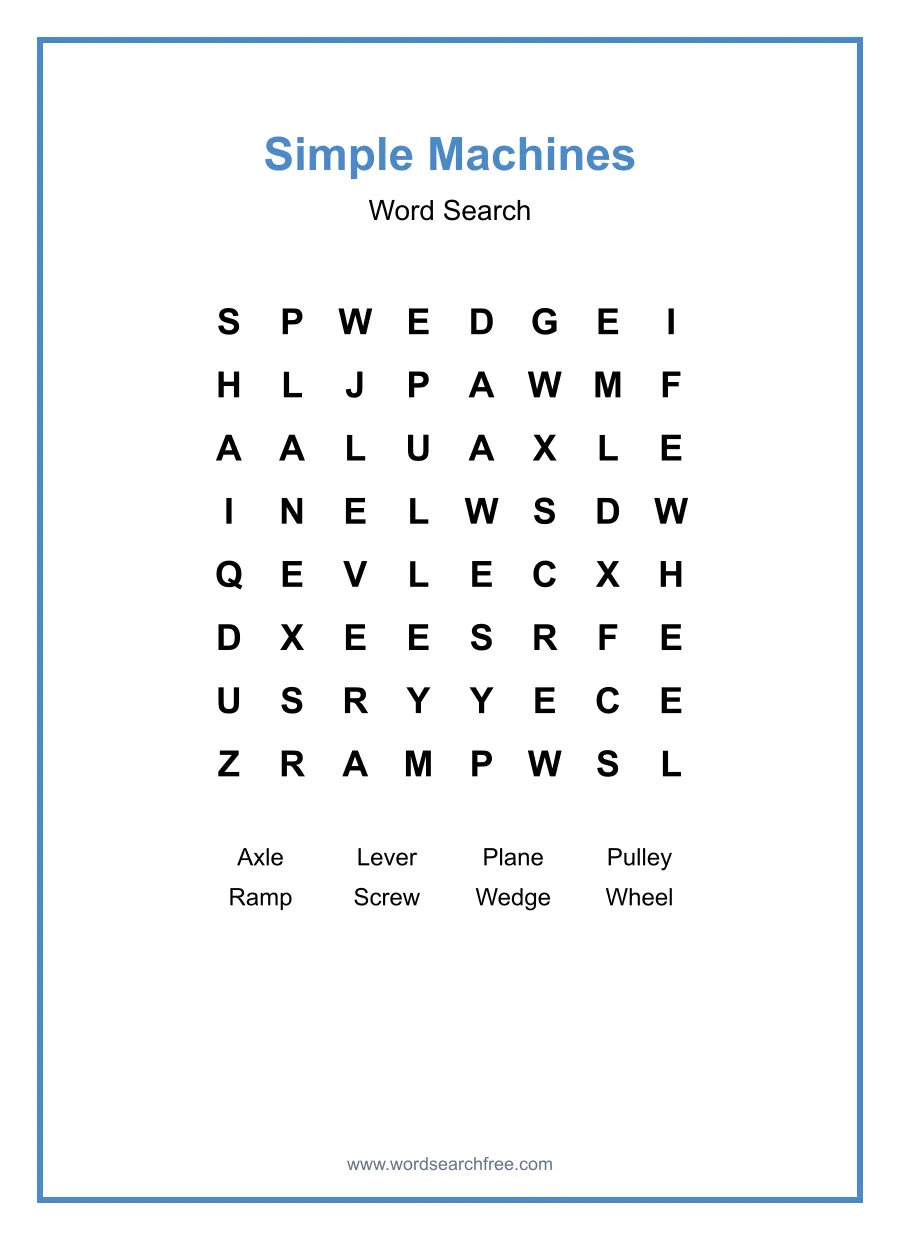 Simple Machines Word Search - Free printable puzzle with 8 words
