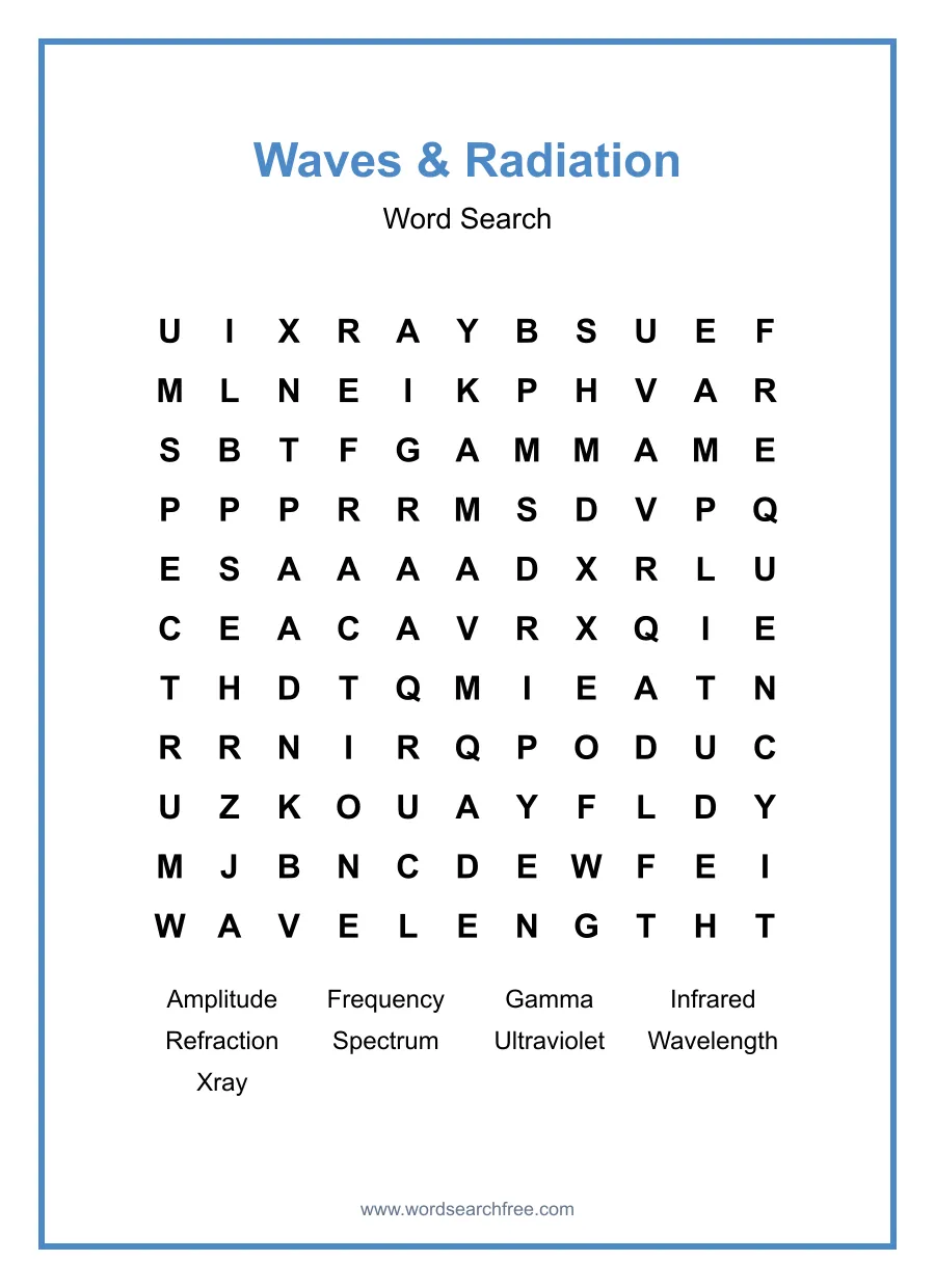 Waves & Radiation Word Search - Free printable puzzle with 9 words