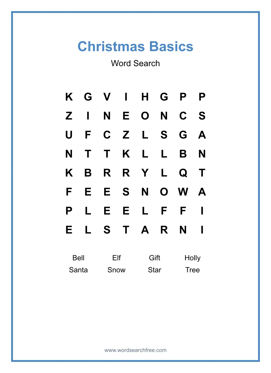 Christmas Basics Word Search - Free printable puzzle with 8 words