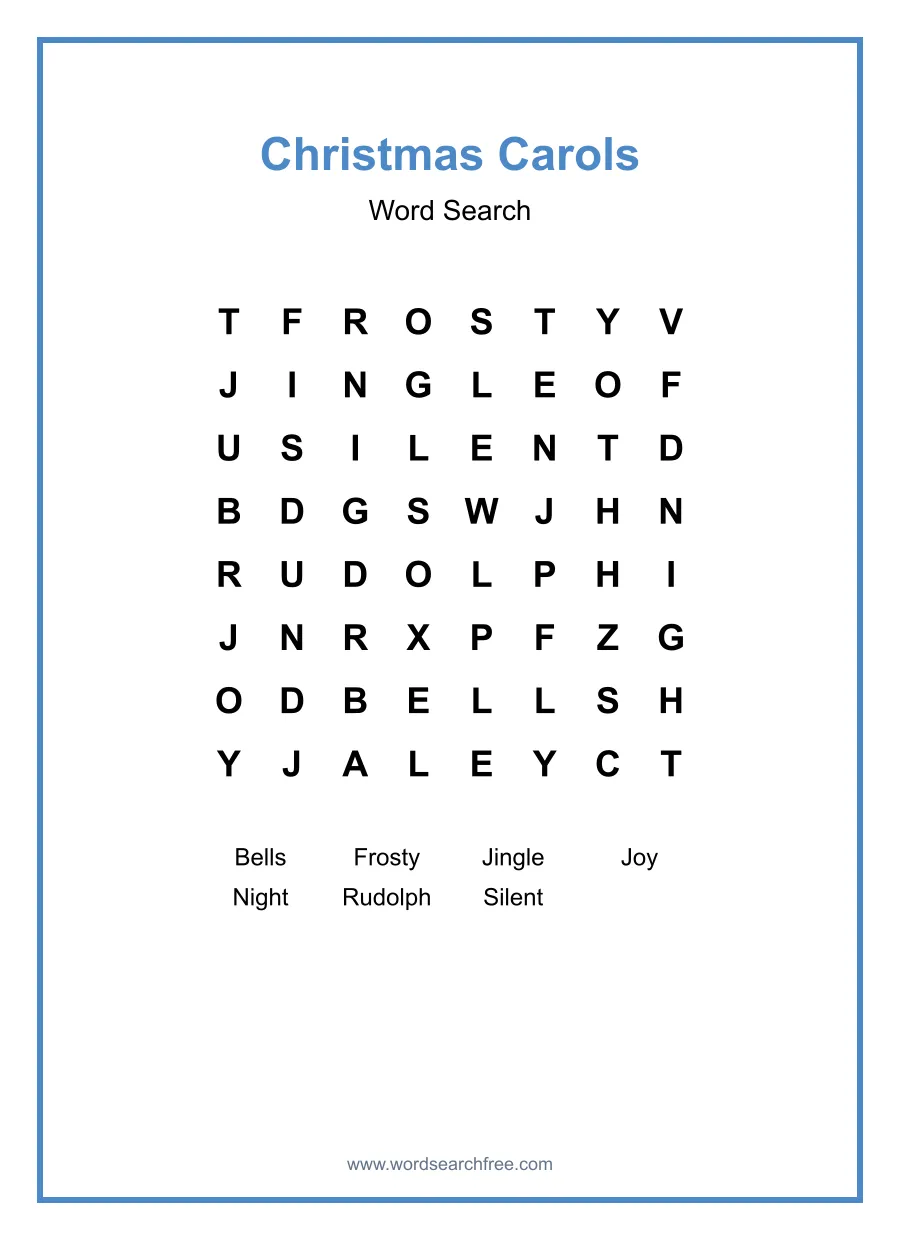 Christmas Carols Word Search - Free printable puzzle with 7 words